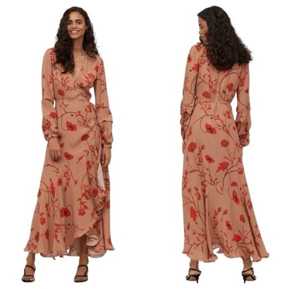 Johanna Ortiz x H&M Floral Wrap Maxi Dress Orange Red Poppy L Long Sleeve Ruffle
